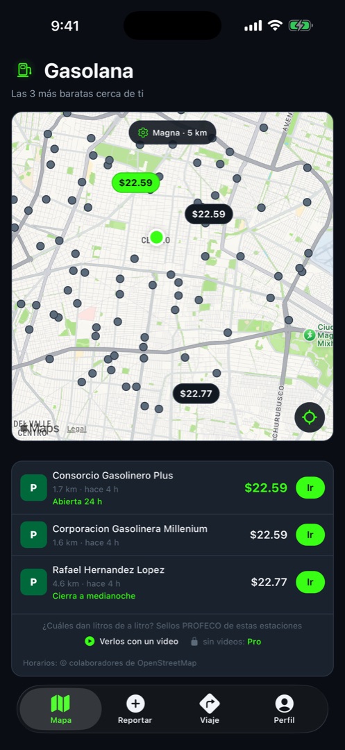Gasolana mostrando las 3 gasolineras más baratas en un mapa de la Ciudad de México