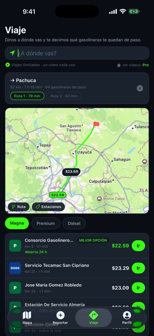 Modo viaje con ruta y gasolineras de paso