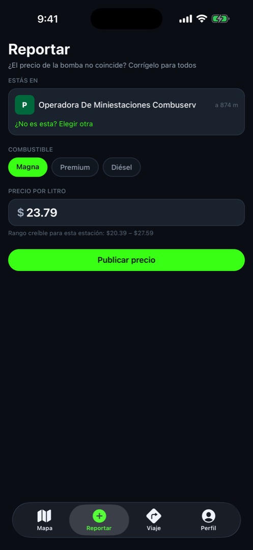 Pantalla para reportar el precio de la bomba