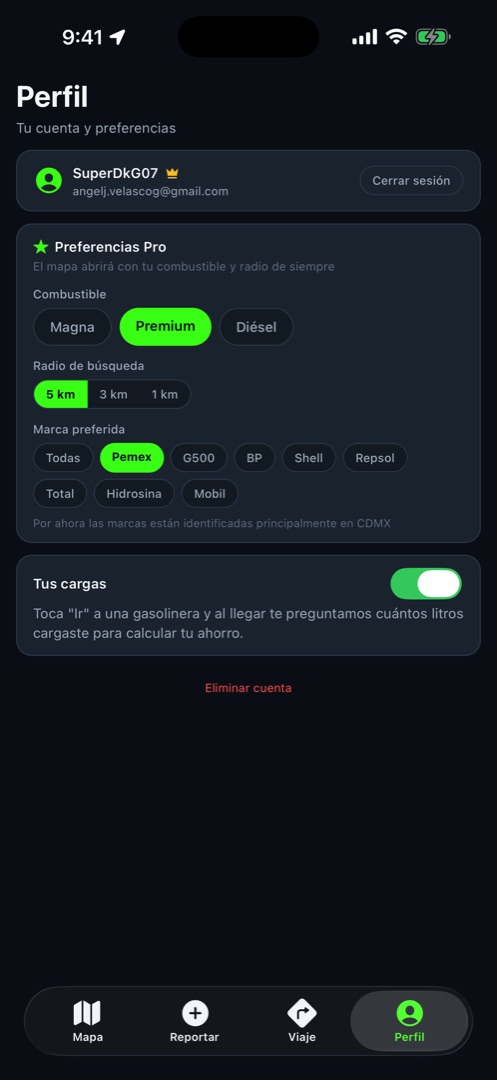 Perfil con la bitácora de cargas y el ahorro del mes